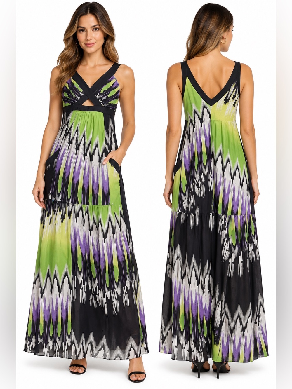 bebe Abstract Print Maxi Dress XS Black Green Purple Criss Cross